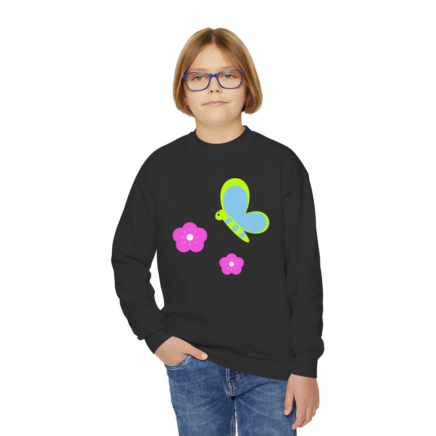 Colorful Butterfly & Flower Youth Crewneck Sweatshirt | Casual Wear | True North