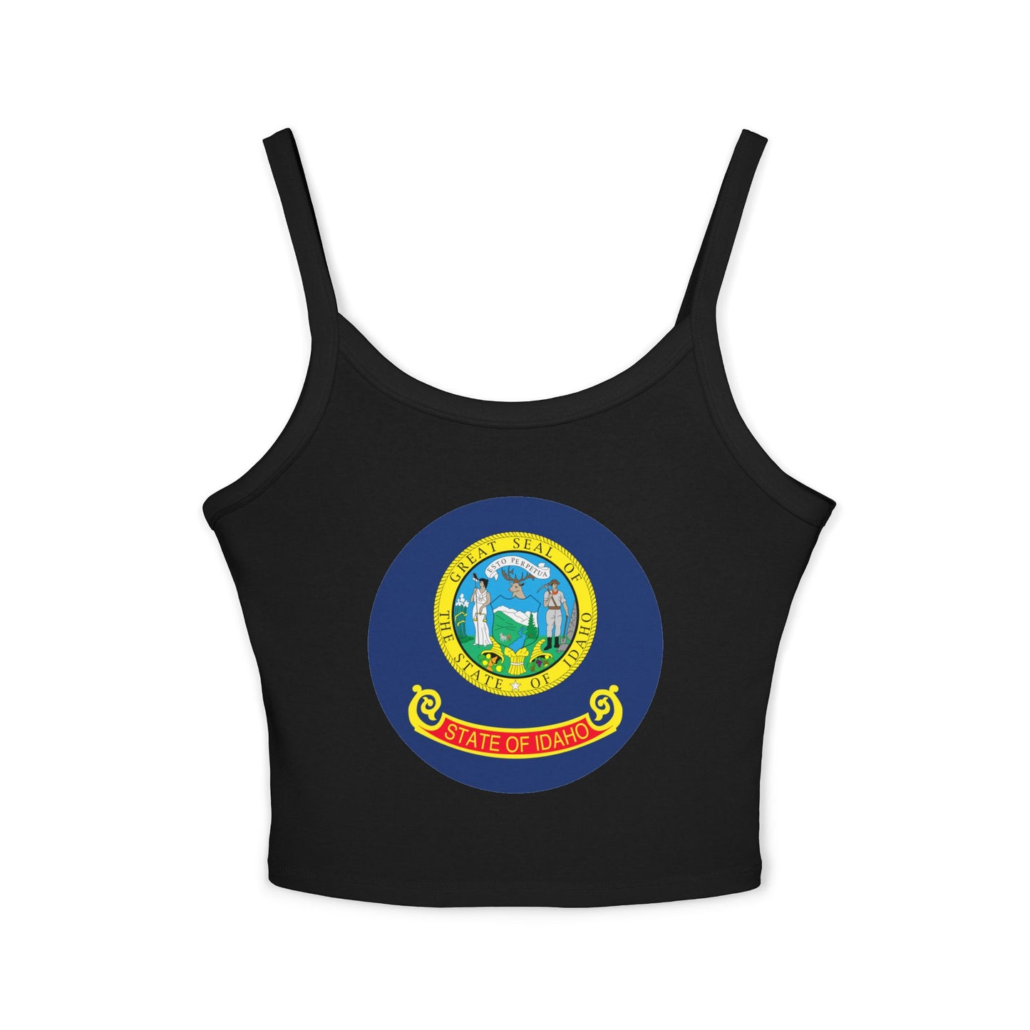 Idaho State Seal Crop Tank Top — Women's Spaghetti Strap Idaho Flag Design BOISE