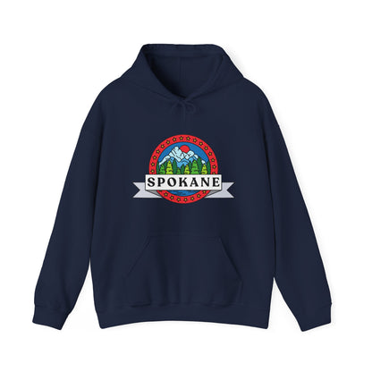Spokane Mountain Badge Hoodie – Retro Outdoor Travel Sweatshirt