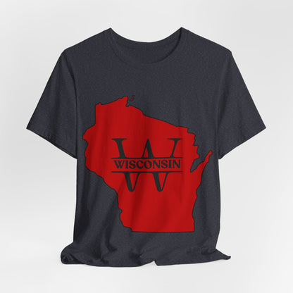 Wisconsin State Outline Tee with W Monogram — Red Badger Pride Shirt MADISON JERSEY TEE