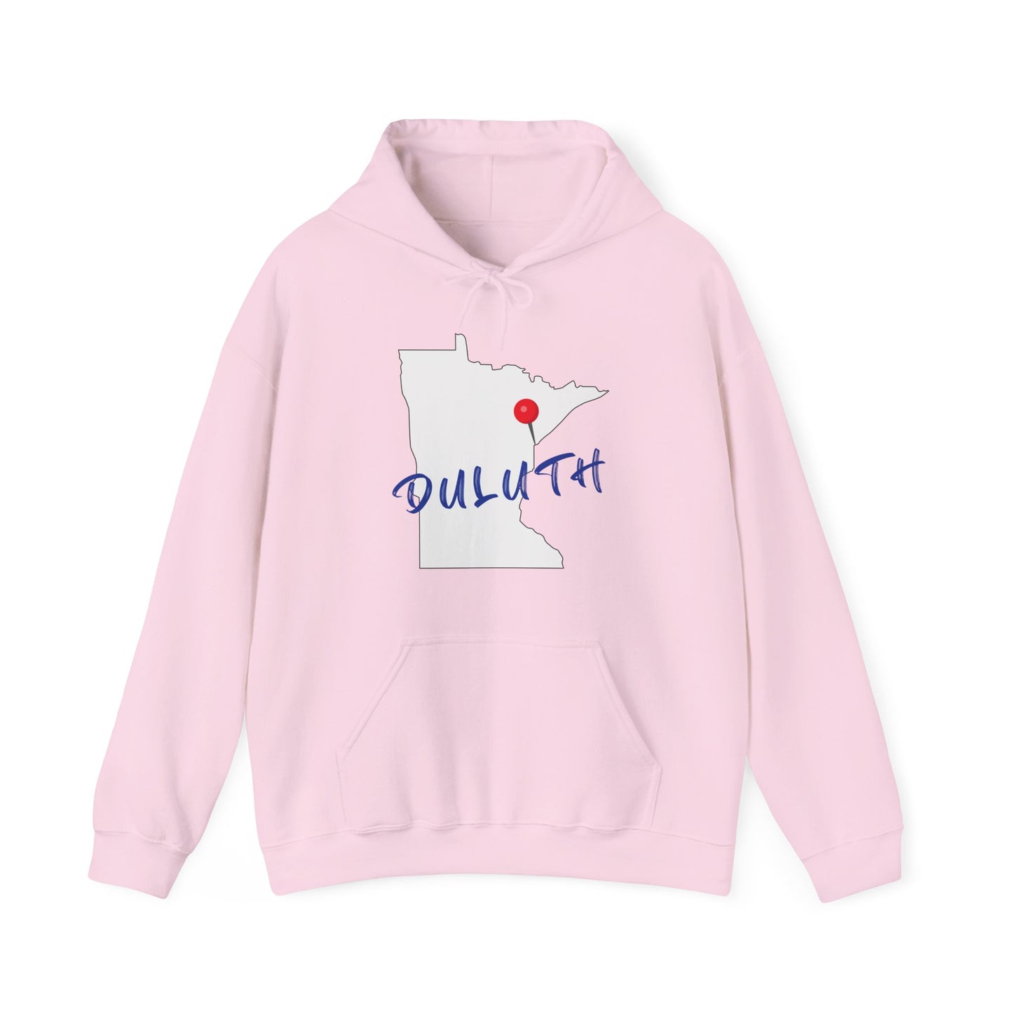 Duluth Minnesota Hoodie – State Outline with Red Pin & Script
