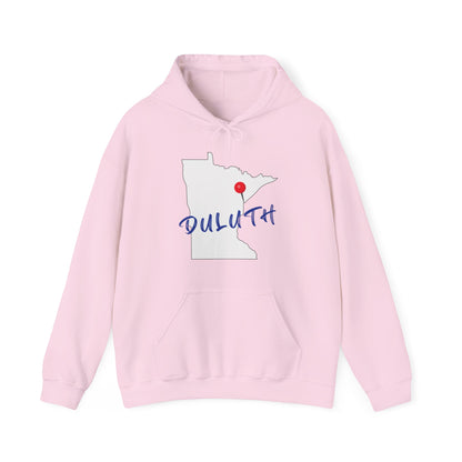 Duluth Minnesota Hoodie – State Outline with Red Pin & Script