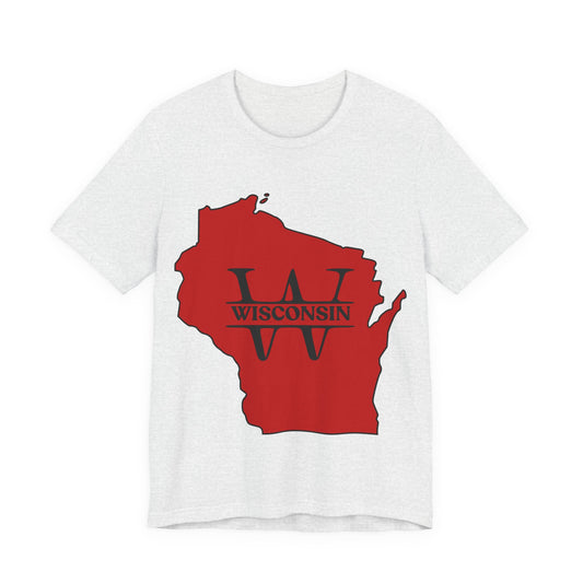 Wisconsin State Outline Tee with W Monogram — Red Badger Pride Shirt MADISON JERSEY TEE
