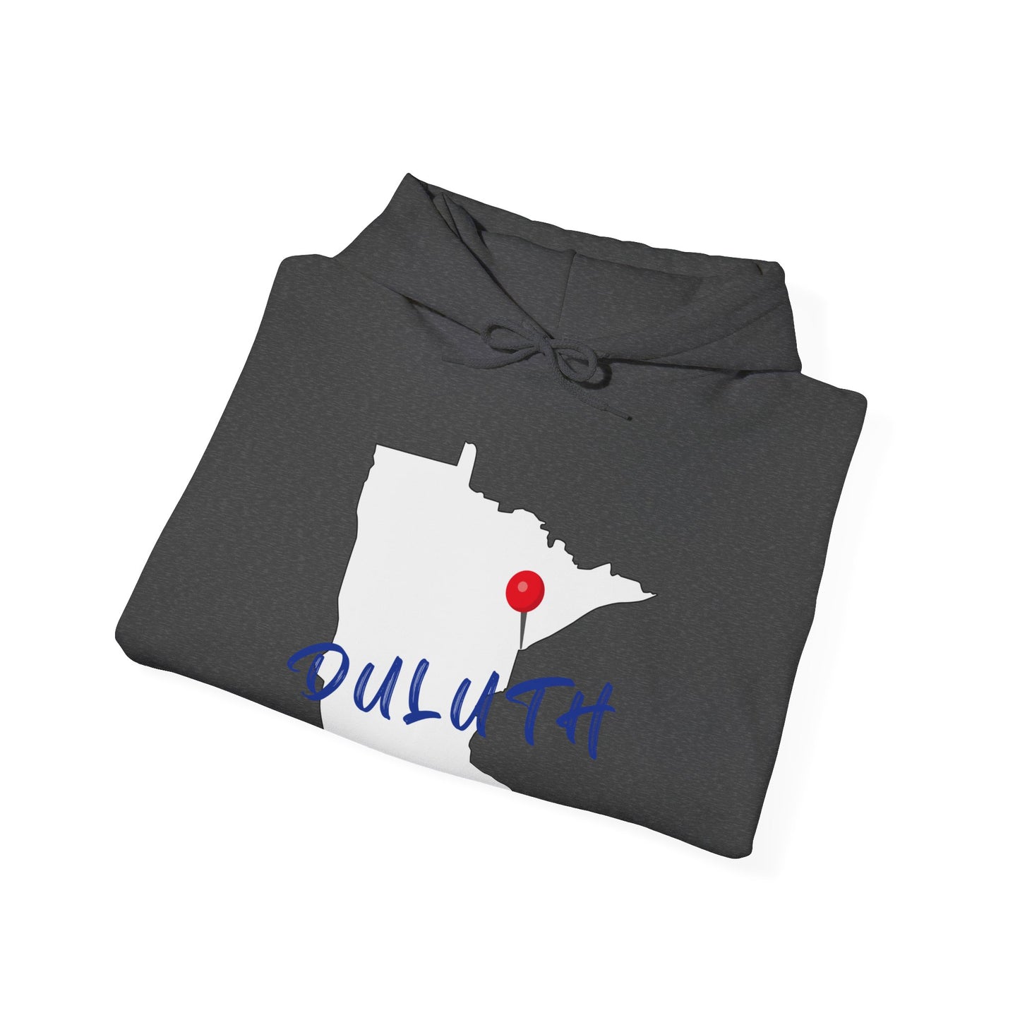 Duluth Minnesota Hoodie – State Outline with Red Pin & Script