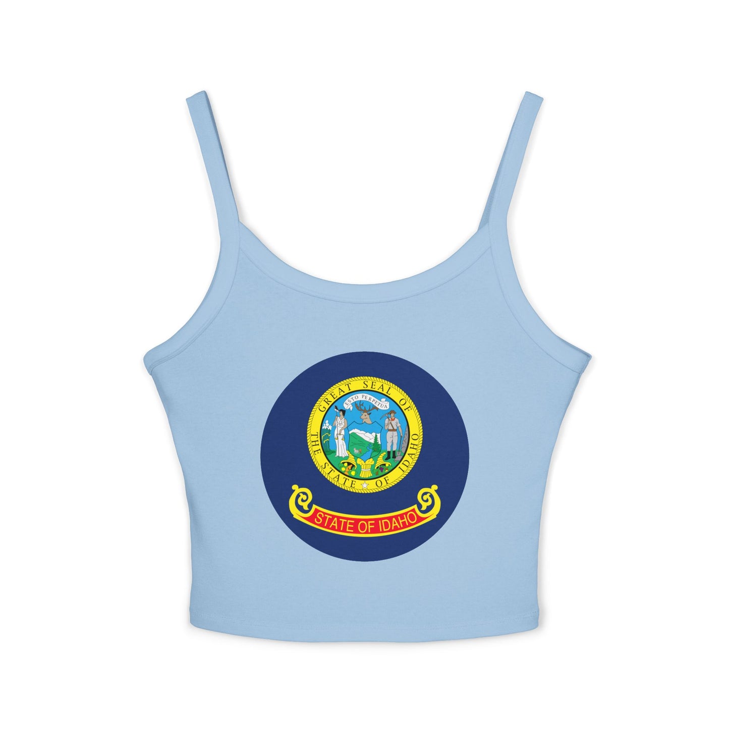 Idaho State Seal Crop Tank Top — Women's Spaghetti Strap Idaho Flag Design BOISE