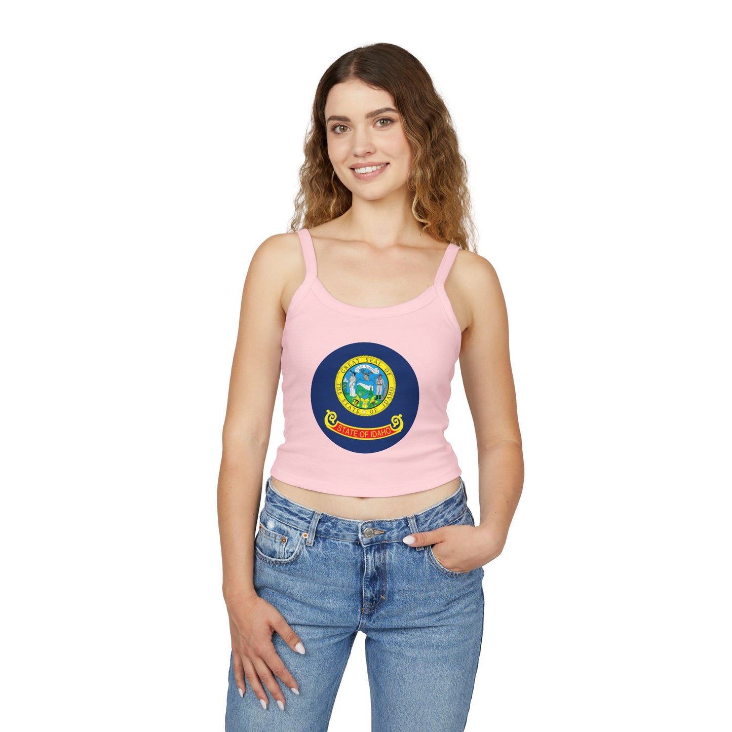 Idaho State Seal Crop Tank Top — Women's Spaghetti Strap Idaho Flag Design BOISE