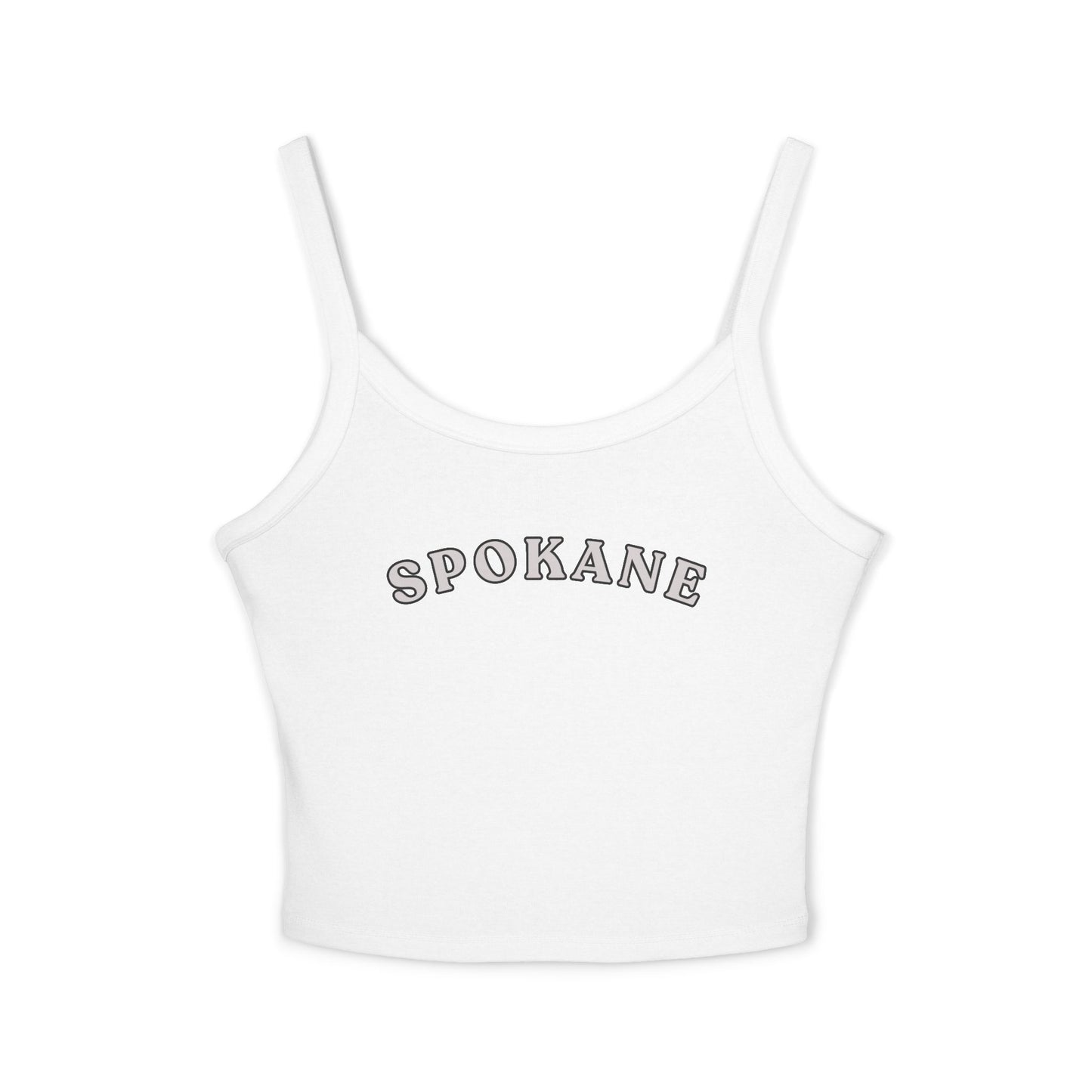 Spokane Crop Tank Top - Women's White Spaghetti Strap Top with Retro Arch Logo