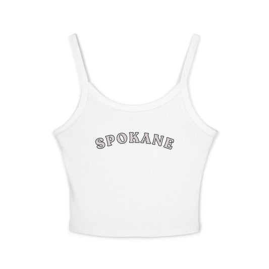 Spokane Crop Tank Top - Women's White Spaghetti Strap Top with Retro Arch Logo