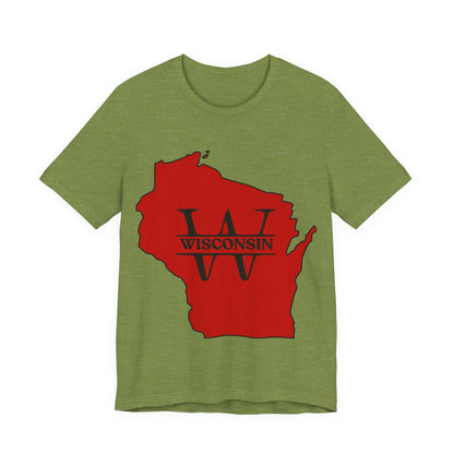 Wisconsin State Outline Tee with W Monogram — Red Badger Pride Shirt MADISON JERSEY TEE