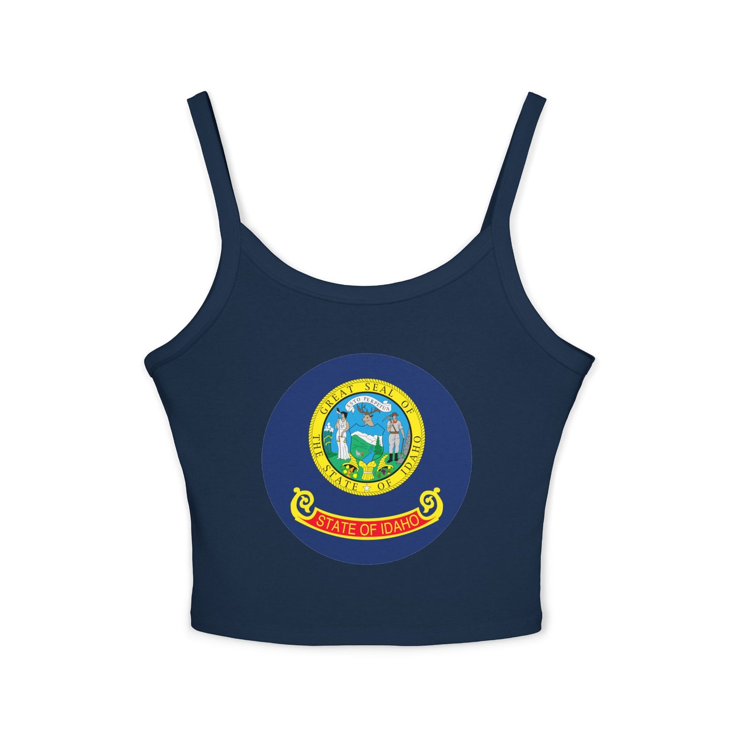 Idaho State Seal Crop Tank Top — Women's Spaghetti Strap Idaho Flag Design BOISE