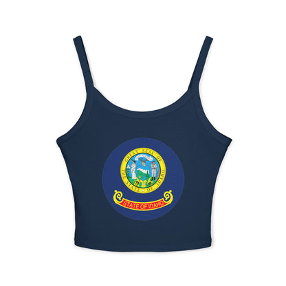 Idaho State Seal Crop Tank Top — Women's Spaghetti Strap Idaho Flag Design BOISE