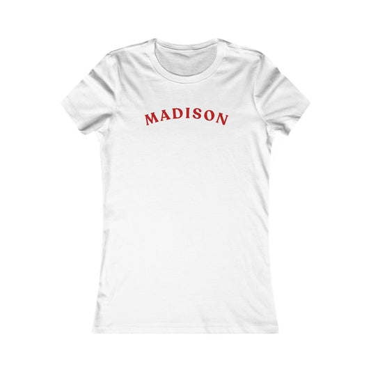 Personalized Madison Women's Tee — Classic Red Arch Name Shirt