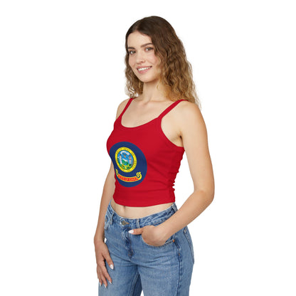 Idaho State Seal Crop Tank Top — Women's Spaghetti Strap Idaho Flag Design BOISE