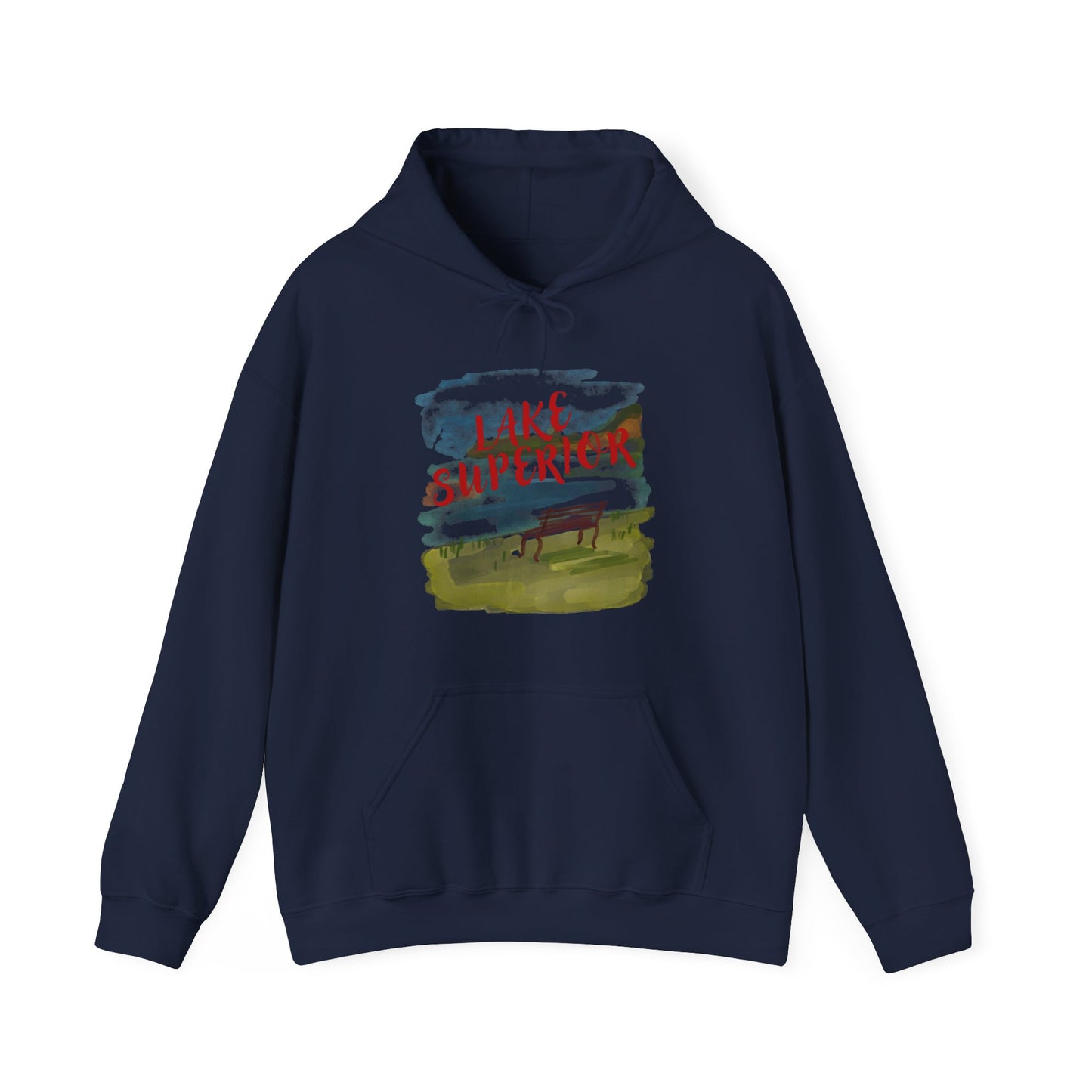 Lake Superior Hoodie – Scenic Bench Watercolor Design DULUTH