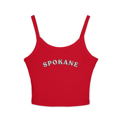 Spokane Crop Tank Top - Women's White Spaghetti Strap Top with Retro Arch Logo