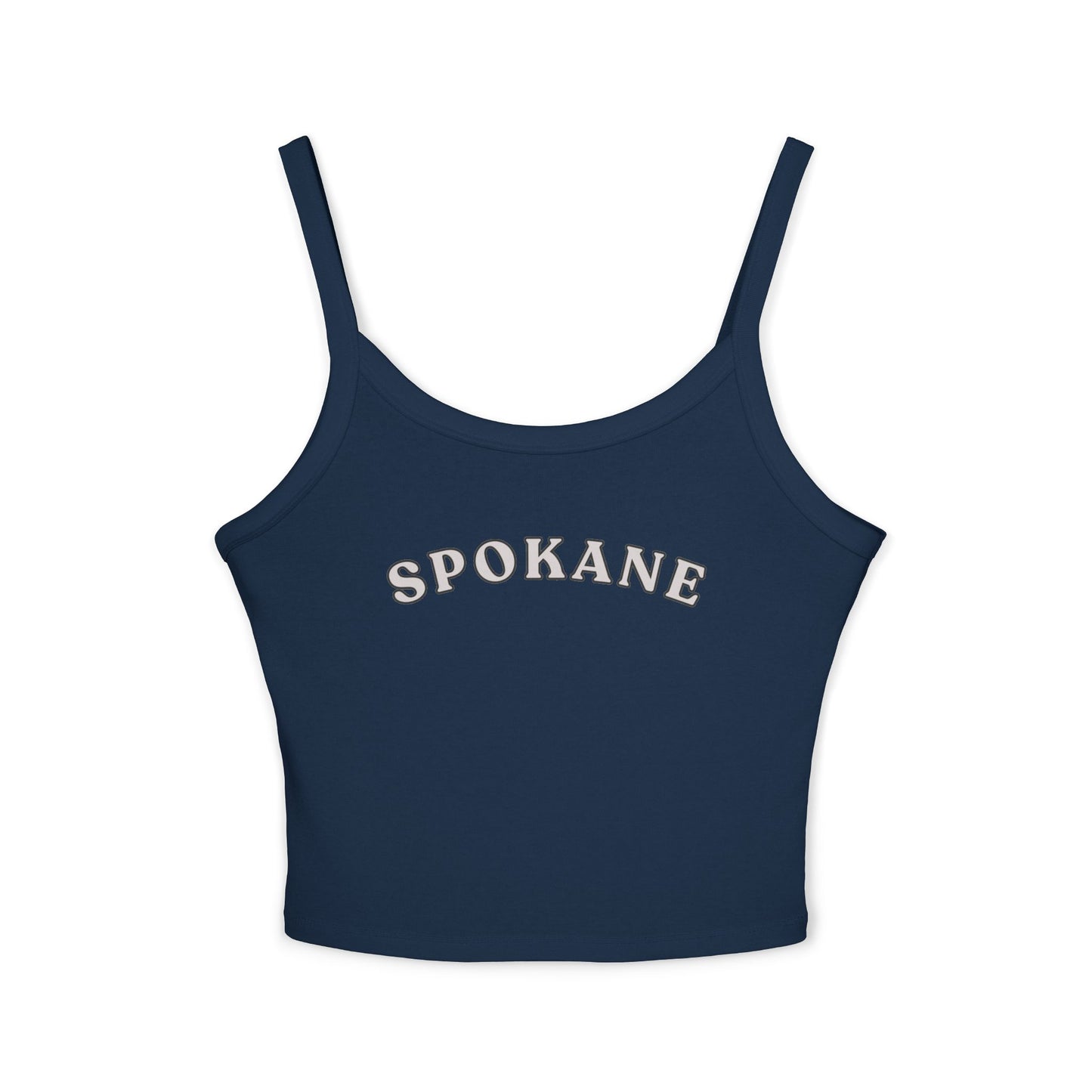 Spokane Crop Tank Top - Women's White Spaghetti Strap Top with Retro Arch Logo