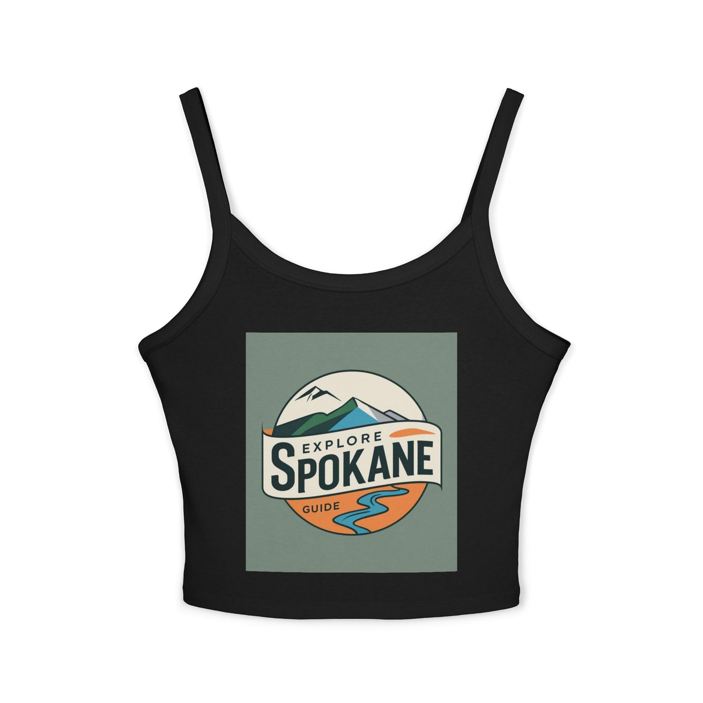 Explore Spokane Tank Top — Women's Spaghetti Strap Crop with Mountain & River Graphic