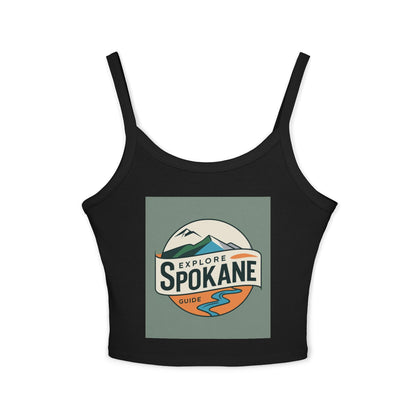 Explore Spokane Tank Top — Women's Spaghetti Strap Crop with Mountain & River Graphic