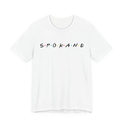 Spokane Script Tee — Retro Dotted Friend-Style City T‑Shirt