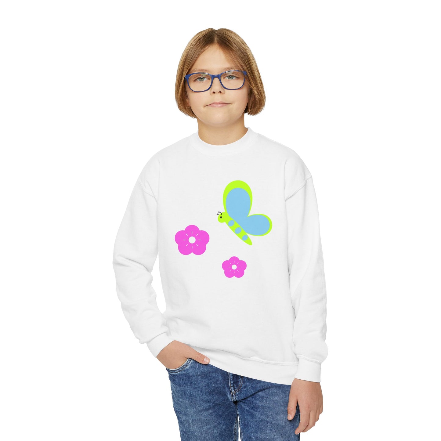 Colorful Butterfly & Flower Youth Crewneck Sweatshirt | Casual Wear | True North