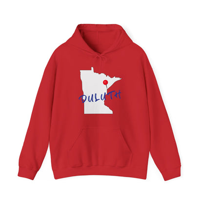 Duluth Minnesota Hoodie – State Outline with Red Pin & Script