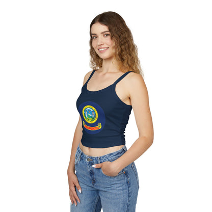 Idaho State Seal Crop Tank Top — Women's Spaghetti Strap Idaho Flag Design BOISE
