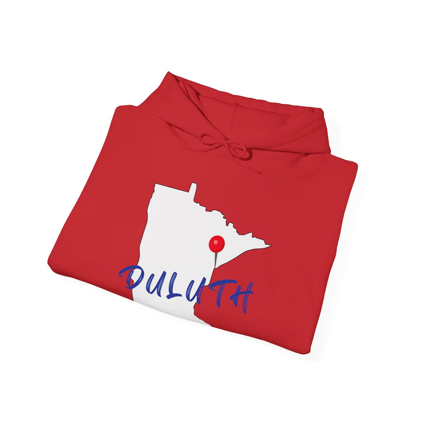 Duluth Minnesota Hoodie – State Outline with Red Pin & Script