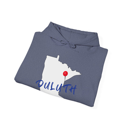 Duluth Minnesota Hoodie – State Outline with Red Pin & Script