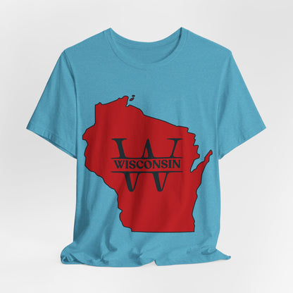 Wisconsin State Outline Tee with W Monogram — Red Badger Pride Shirt MADISON JERSEY TEE