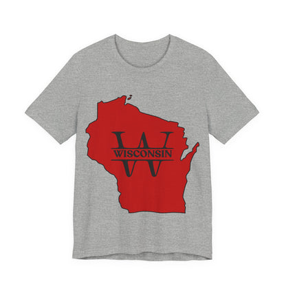 Wisconsin State Outline Tee with W Monogram — Red Badger Pride Shirt MADISON JERSEY TEE