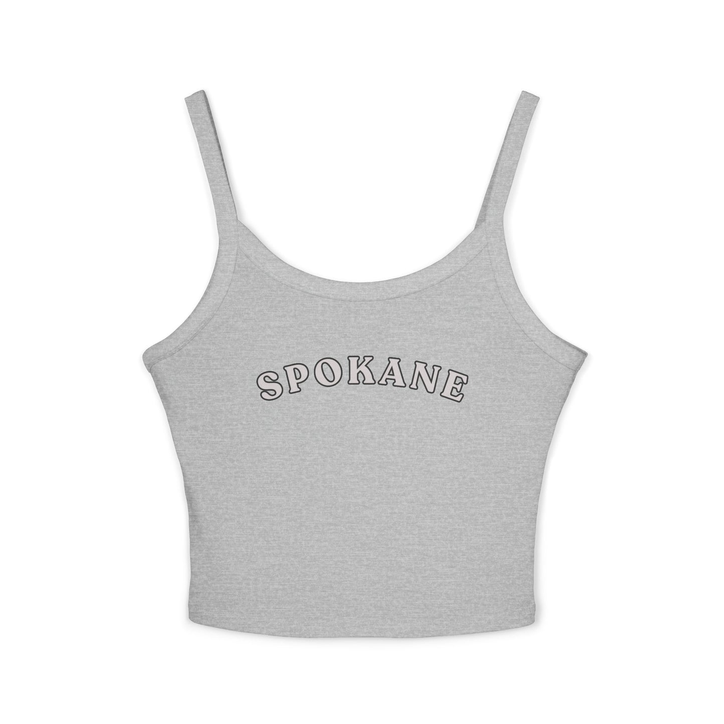 Spokane Crop Tank Top - Women's White Spaghetti Strap Top with Retro Arch Logo