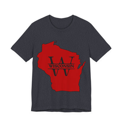 Wisconsin State Outline Tee with W Monogram — Red Badger Pride Shirt MADISON JERSEY TEE
