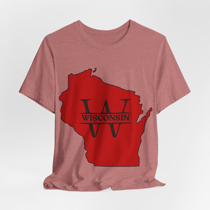 Wisconsin State Outline Tee with W Monogram — Red Badger Pride Shirt MADISON JERSEY TEE