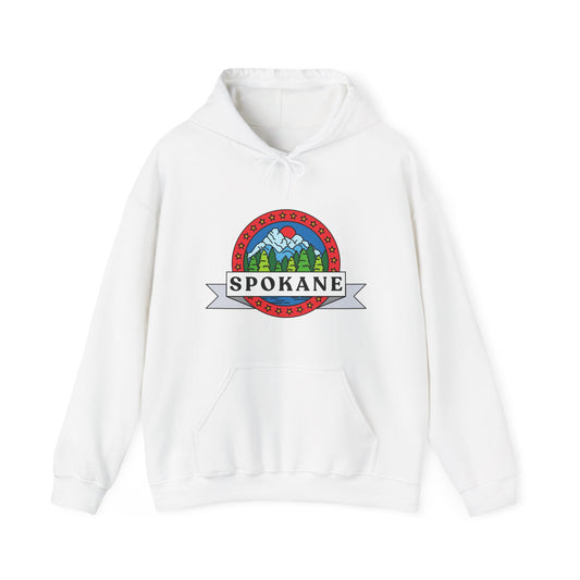 Spokane Mountain Badge Hoodie – Retro Outdoor Travel Sweatshirt