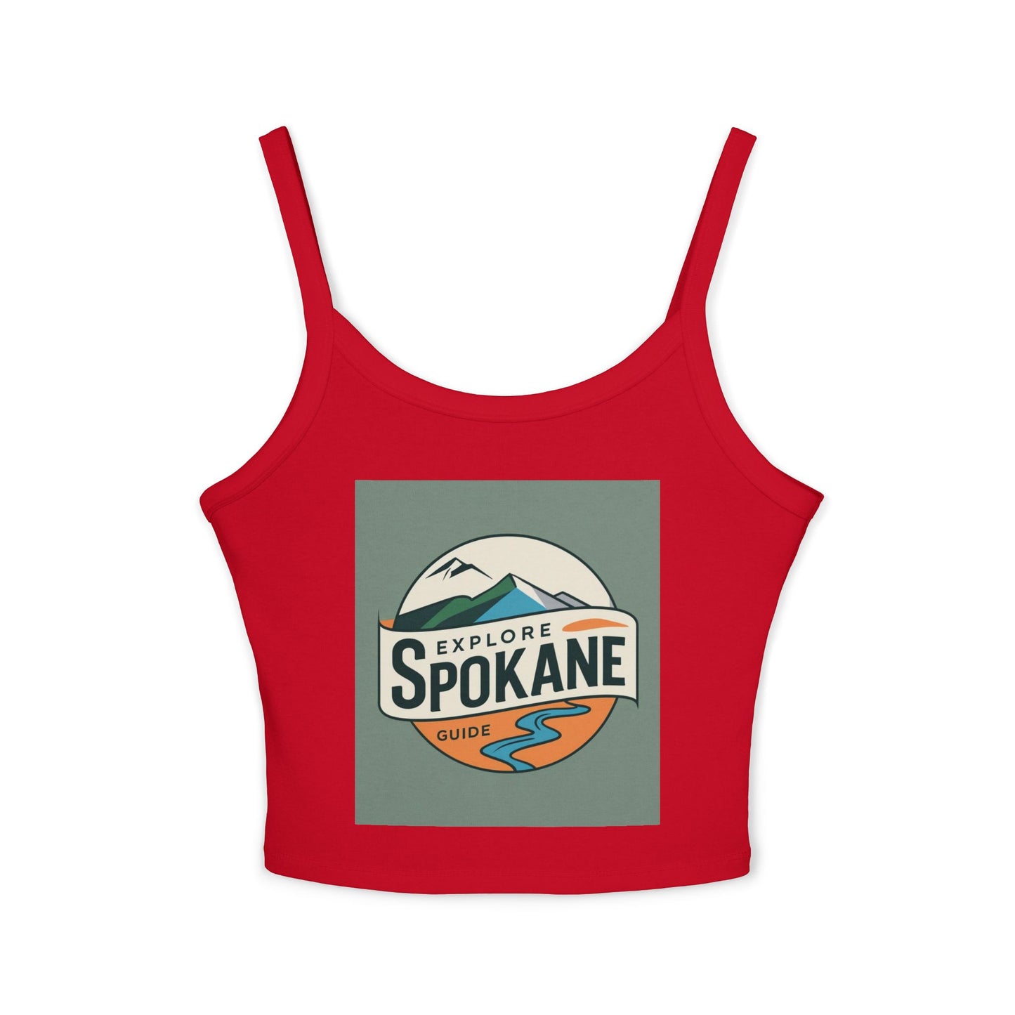 Explore Spokane Tank Top — Women's Spaghetti Strap Crop with Mountain & River Graphic