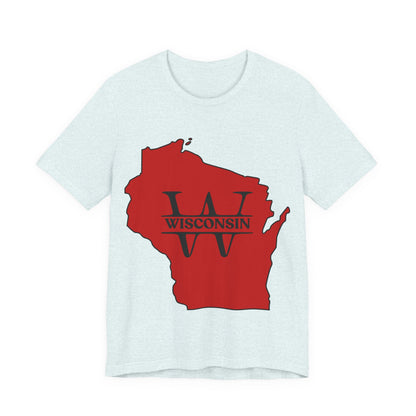 Wisconsin State Outline Tee with W Monogram — Red Badger Pride Shirt MADISON JERSEY TEE
