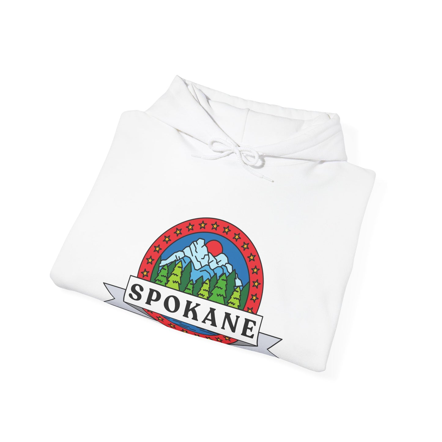 Spokane Mountain Badge Hoodie – Retro Outdoor Travel Sweatshirt