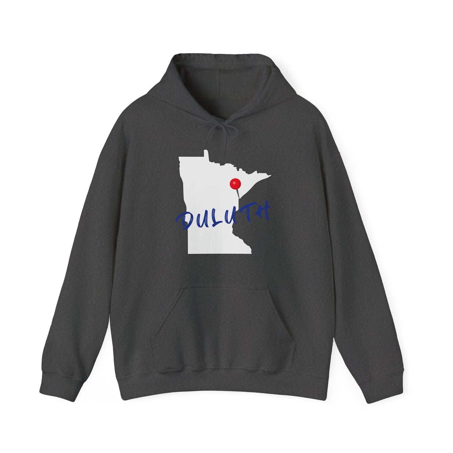 Duluth Minnesota Hoodie – State Outline with Red Pin & Script