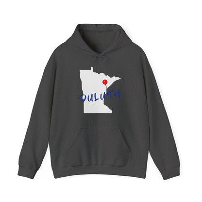 Duluth Minnesota Hoodie – State Outline with Red Pin & Script