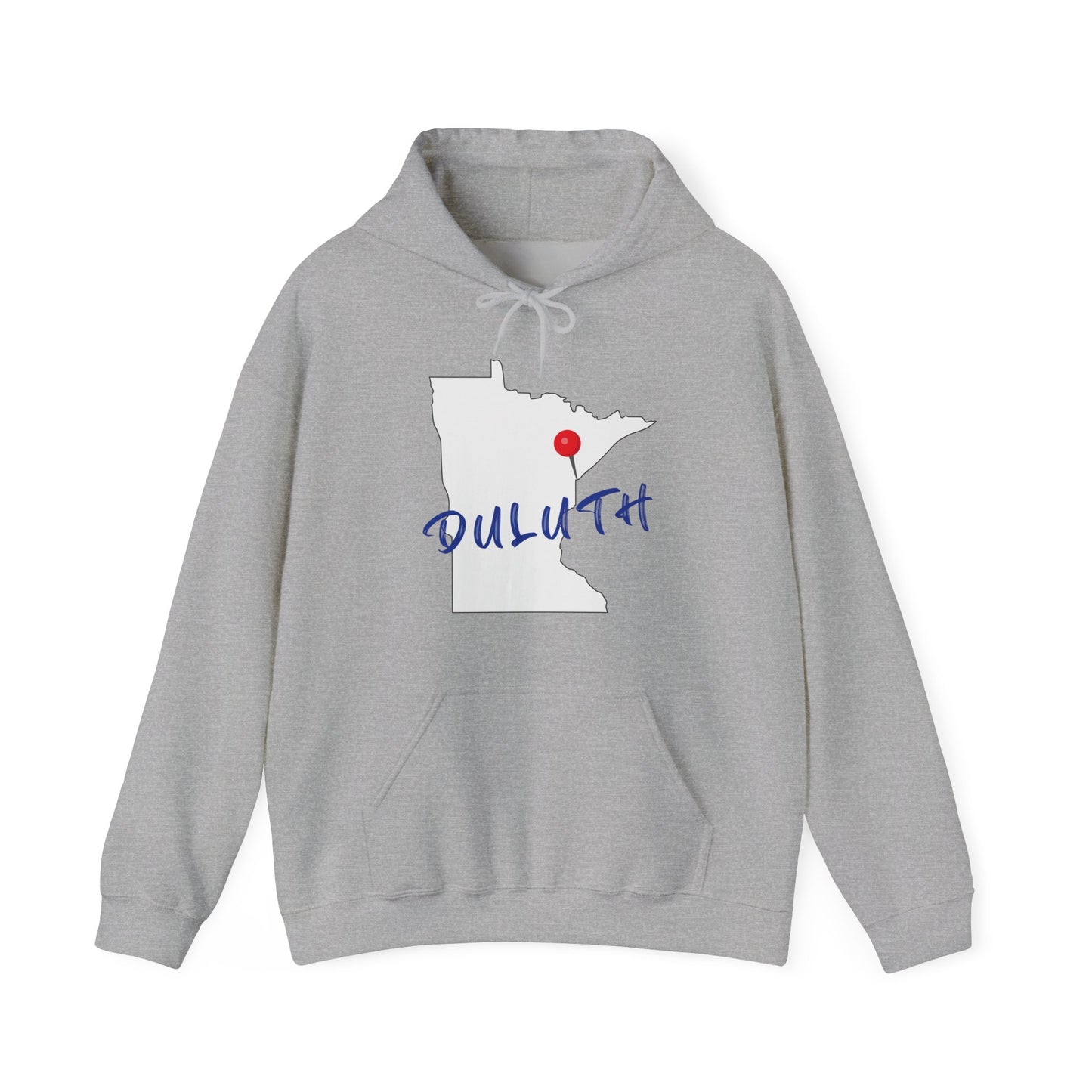 Duluth Minnesota Hoodie – State Outline with Red Pin & Script