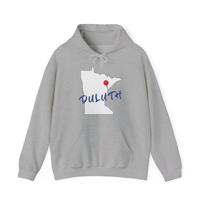 Duluth Minnesota Hoodie – State Outline with Red Pin & Script