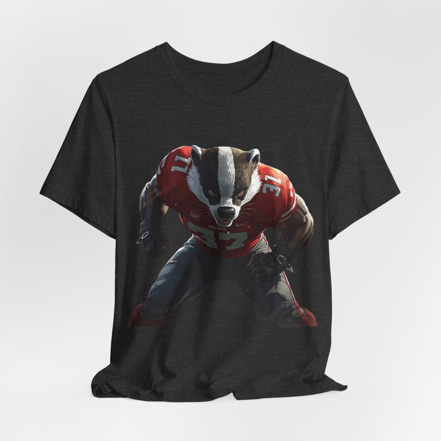 Badger Football Player T-Shirt — Retro Mascot Sports JERSEY Tee MADISON