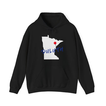 Duluth Minnesota Hoodie – State Outline with Red Pin & Script