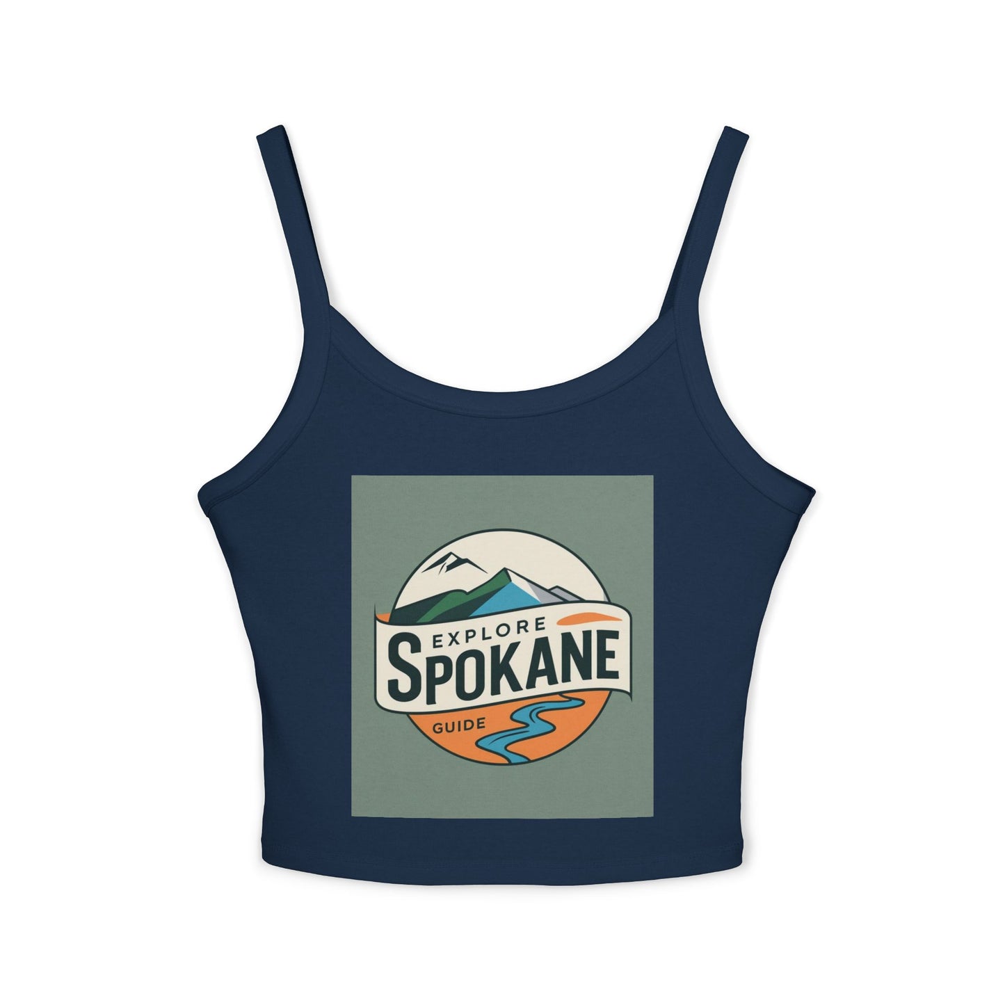 Explore Spokane Tank Top — Women's Spaghetti Strap Crop with Mountain & River Graphic