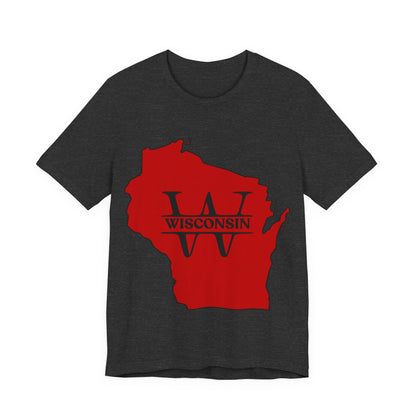 Wisconsin State Outline Tee with W Monogram — Red Badger Pride Shirt MADISON JERSEY TEE