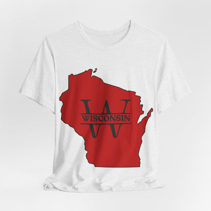 Wisconsin State Outline Tee with W Monogram — Red Badger Pride Shirt MADISON JERSEY TEE