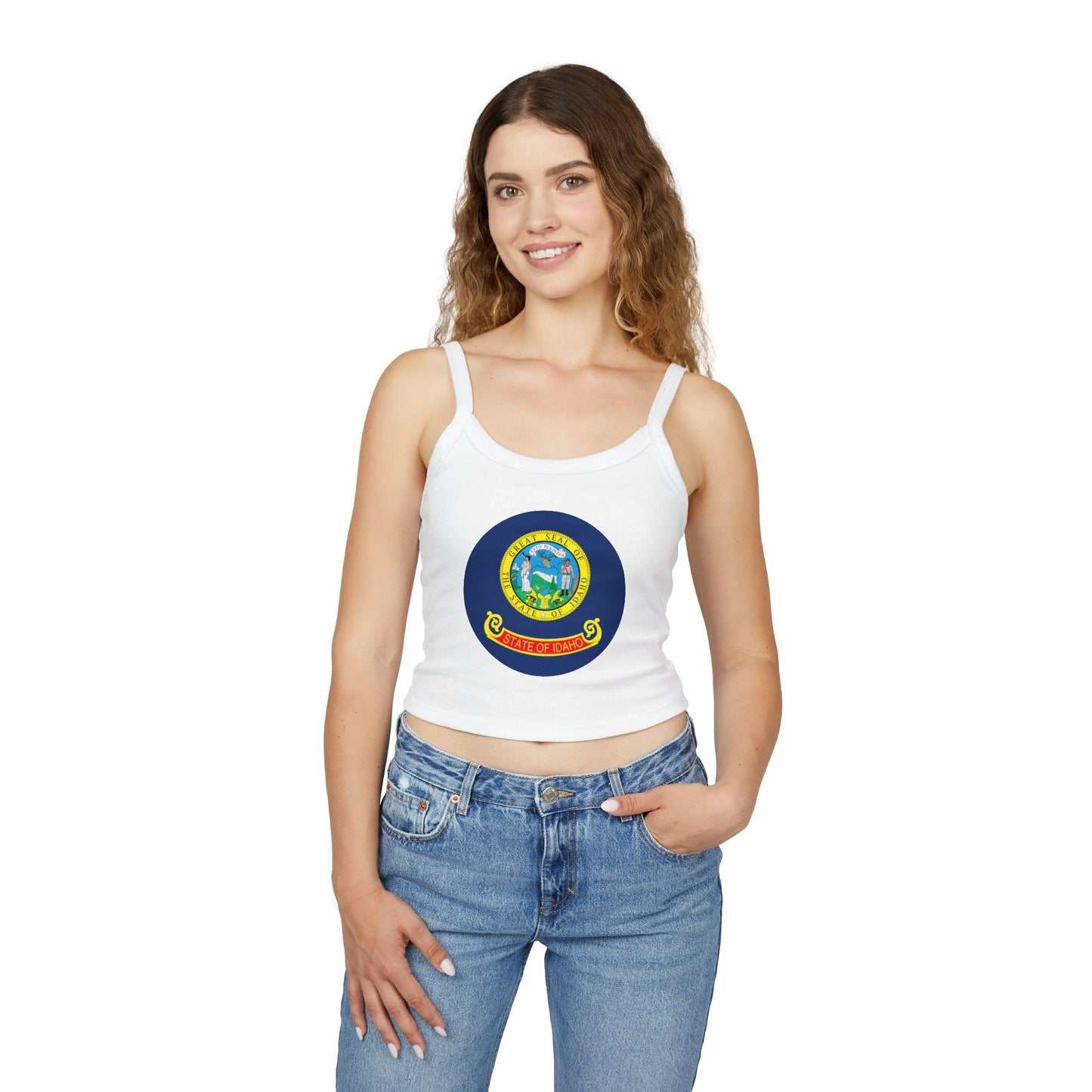 Idaho State Seal Crop Tank Top — Women's Spaghetti Strap Idaho Flag Design BOISE