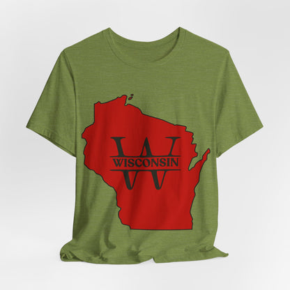 Wisconsin State Outline Tee with W Monogram — Red Badger Pride Shirt MADISON JERSEY TEE