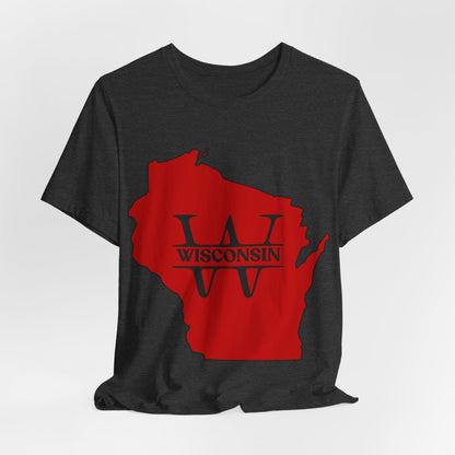 Wisconsin State Outline Tee with W Monogram — Red Badger Pride Shirt MADISON JERSEY TEE