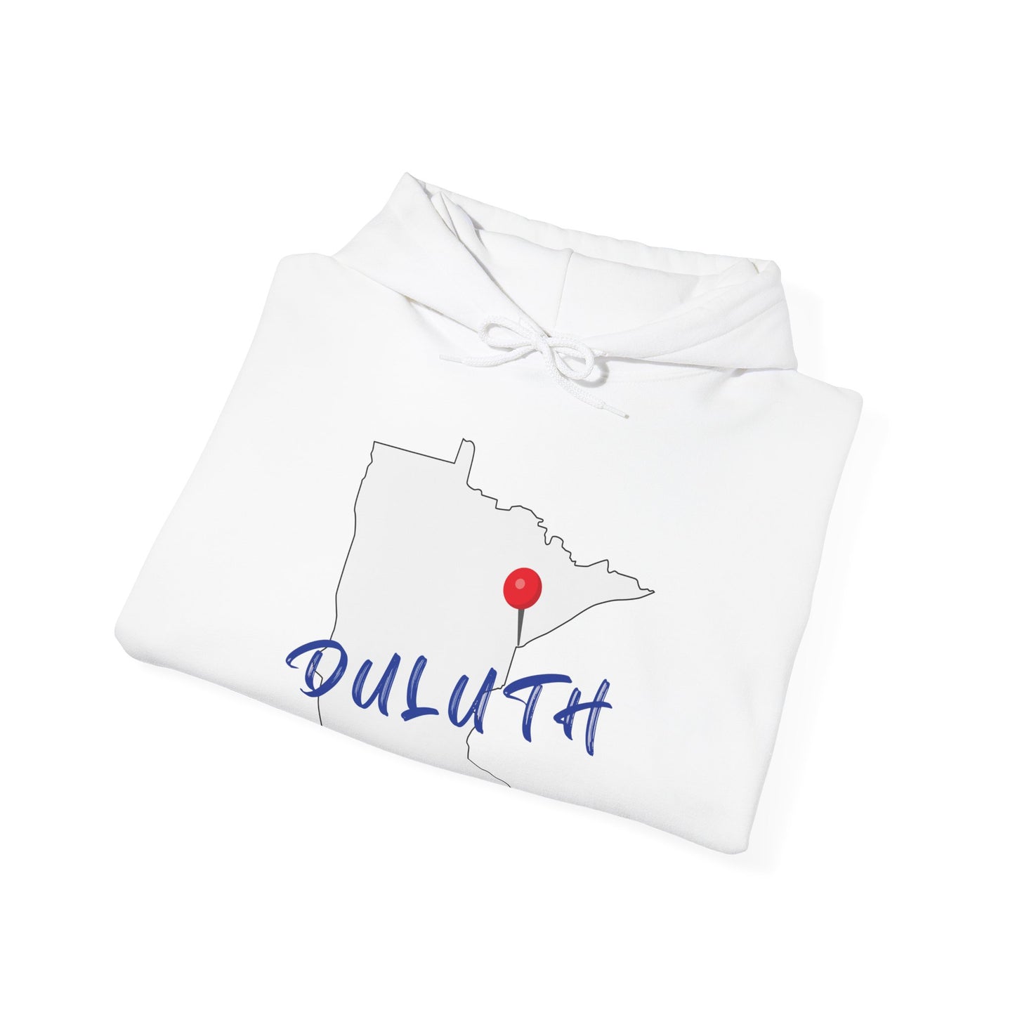 Duluth Minnesota Hoodie – State Outline with Red Pin & Script